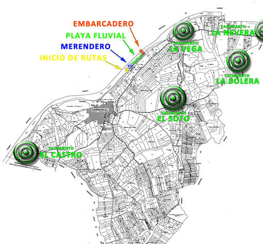 Situación de playa fluvial, embarcadero y loc. de los yacimientos arqueológicos